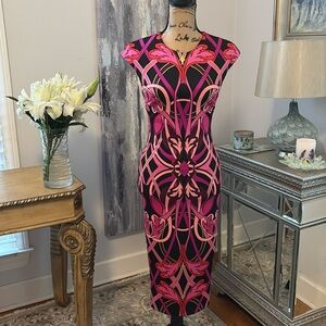 TED BAKER LONDON Designer Black Purple pink gold midi dress 1 2 XS cocktail sexy